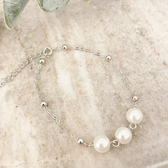 925 Sterling Silver Pearl Bracelet Bead Bracelet Dainty Stackable Bracelet - Picture 3 of 5
